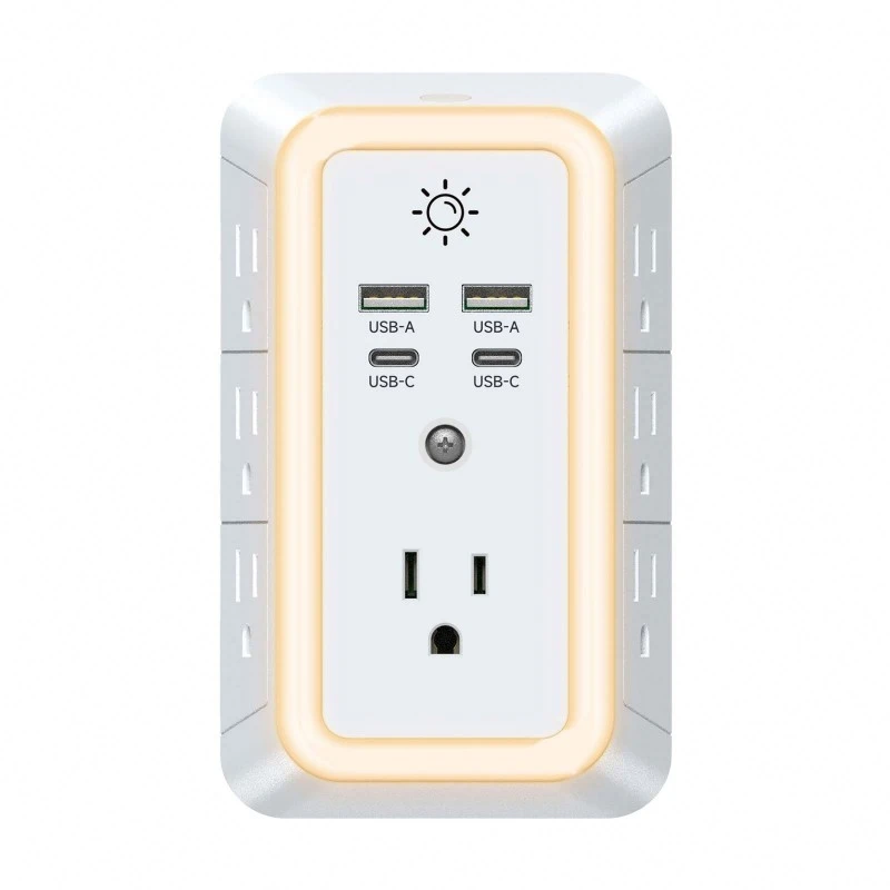 7-Outlet US Power Strip na may LED Night Light